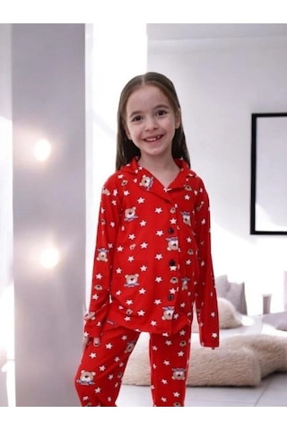 Çocuk Ayıcık Dessenli Pijama-14920 Kırmızı