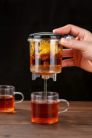 Sihirli Borosilikat Cam Demlik 900 Ml Isıya Dayanıklı & Tek Tuşla Demleme Şeffaf