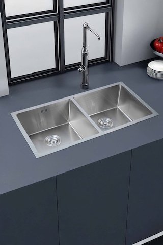 Ebrar Serisi %100 Krom 82x45 İki Göz Paslanmaz Mutfak Eviyesi, Mutfak Lavabosu Sifon Dahil Silver