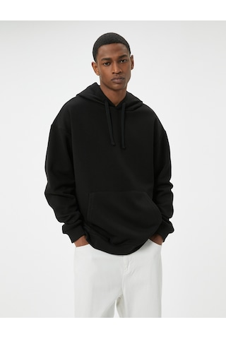 Koton Oversize Sweatshirt Kapşonlu Uzun Kollu Kanguru Cep Detaylı Şardonlu Siyah 5wam70017mk Siyah