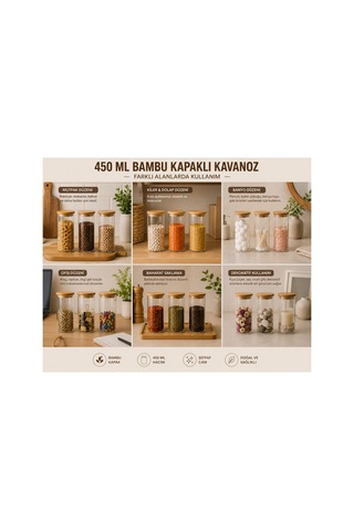 3lü Set Bambu Kapaklı Cam Saklama Kavanozu Hava Geçirmez Çok Amaçlı Mutfak Saklama Kabı 450ml Şeffat