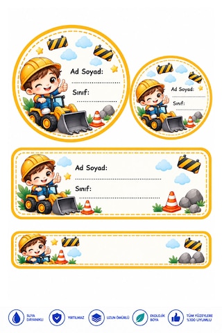 Renkli İnşaat Temalı Okul Etiketi Kalem Defter 235 Adet Özel İsim Yazılabilen Sticker Çok Renkli