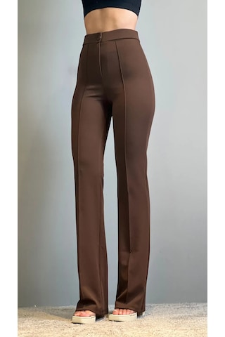 Krep Kumaş Likralı Önü Çimalı Kahverengi Kadın Palazzo Pantolon Kahverengi