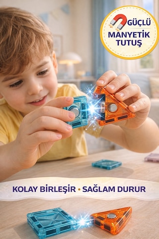 50 Parça Manyetik Blok Seti Eğitici Zeka Oyunu, 3d Yapı Oyuncak, 3+ Yaş