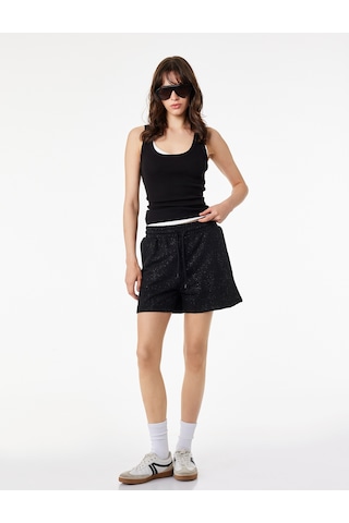 Koton Slim Fit Beli Bağcıklı Cepli Simli Mini Şort Siyah 6sal40139ık