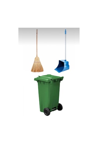 Yesil Plastik Çöp Konteyneri 120 Lt Isıya Karşı Dayanıklı Çöpçü Faraş Takımlı Çöp Kovası Yeşil