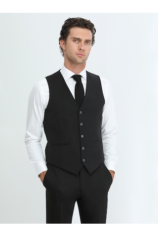 Kip Siyah Slim Fit Klasik Dokuma Yelek