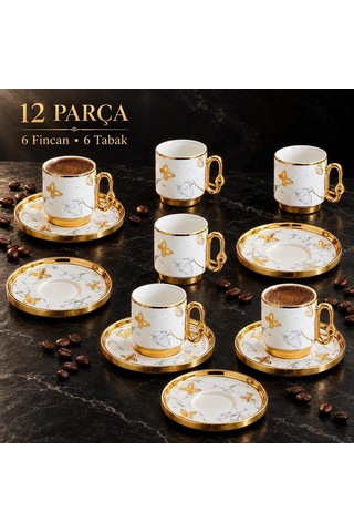 Valkyrie 12 Parça 6 Kişilik 80 Ml Türk Kahvesi Fincan Takımı Gold Kelebek Desenli K651-b