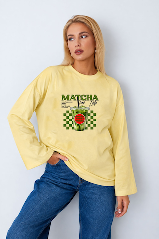 Medinenur Kadın Matcha Baskılı Oversize Geniş Kollu Body Sarı