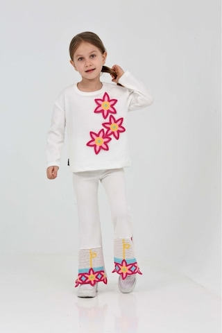 Çiçek Nakış Detaylı Kız Çocuk Takım Beyaz