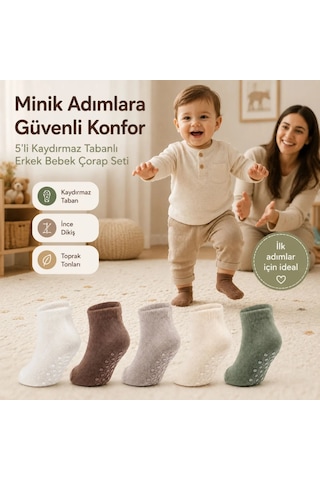 Womanandkids Wak 5 Li Kaydırmaz Tabanlı Erkek Bebek Çorap Seti İnce Dikişli Toprak Tonları Çok Renkli