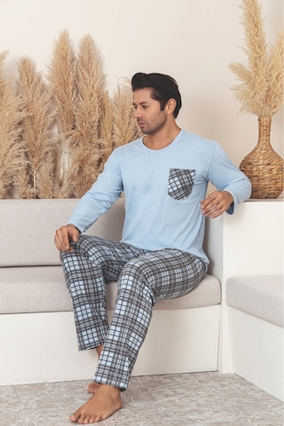 Sude Homewear Erkek Ekoseli Cepli Uzun Kollu Pijama Takımı Mavi