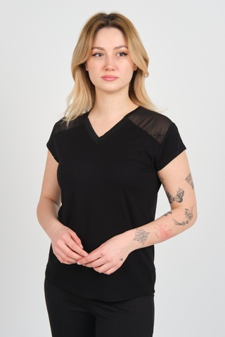 Sistas Kadın V Yaka Omuz Ve Sırt Tül Detaylı Kısa Kol Bluz 4148 Siyah Siyah