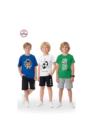Fyk Kids 3'lü Yuvarlak Yaka Baskı Detaylı Erkek Çocuk 6 Parça Alt Üst Takım Sax-beyaz-yeşil