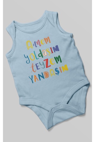 Annem Yoldaşım Teyzem Yandaşım Baskılı Bebek Zıbını Çıtçıtlı Body %100 Pamuk Sıfır Kol Bebe Mavisi