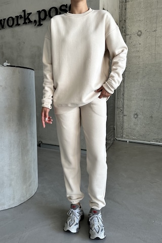 Modagen Unisex Bej Bisiklet Yaka Düz Oversize Alt-üst Eşofman Takımı Bej