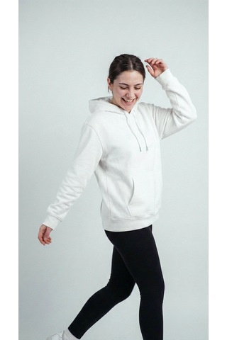 Hoxie Unisex Rahat Kesim Pamuklu Yumuşak Dokulu İçi Polarlı Basic Desenli Kapüşonlu Sweatshirt Beyaz