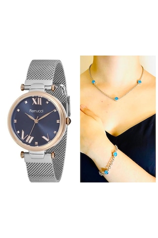 Ferrucci Fc9290 Hasır Kordon Çelik Kadın Kol Saati+nazarlıklı Set Hediye Gri - Rose Gold