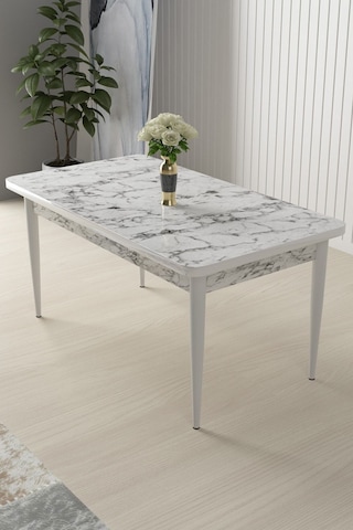 Canisa Arp Serisi 70x110 Sabit Mutfak Masası Takımı Beyaz Mermer Desen Masa 4 Kahverengi Sandalye Masa Beyaz Sandalyeler Kahve