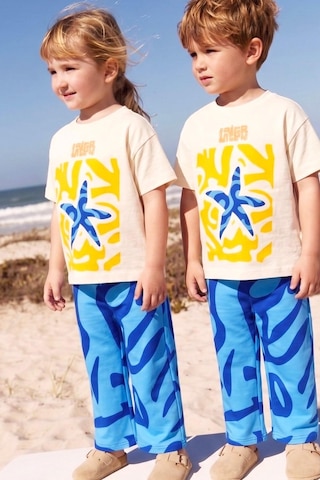 Monila Unisex Çocuk Pamuklu Bisiklet Yaka Baskılı T-shirt Ve Mavi Eşofman Alt Üst Takım Taş