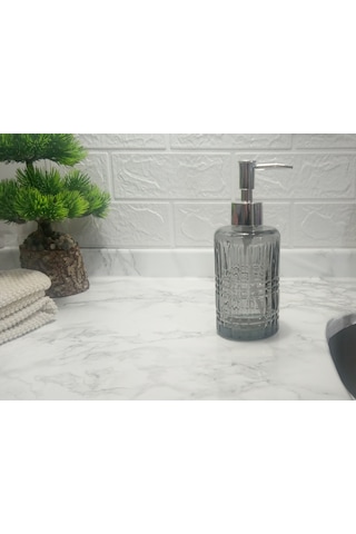 Cam Sıvı Sabunluk,kristal Desenli Gri 300ml Banyo Seti 6,8x17,6