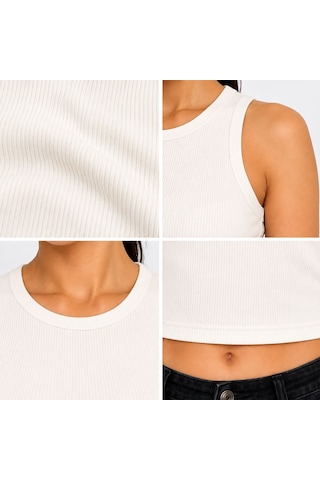 Bk Gift Sıfır Kol Fitilli Crop Bluz - Esnek Likralı Günlük Crop-13 Beyaz