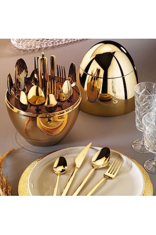 Fecra Golden Egg Standlı 24 Parça Çatal Kaşık Bıçak Takımı Gümüş