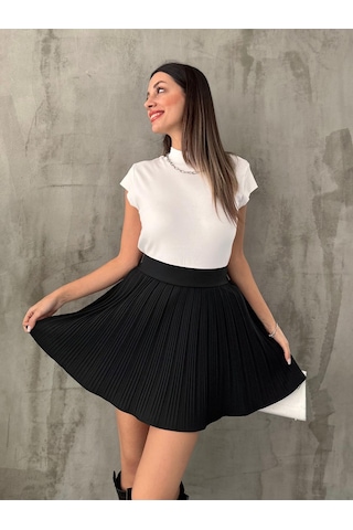 Fashion Cocktail Astarı Şortlu Pileli Pliseli Beli Lastikli Ofis Günlük Gecelik Mini Dalgalı Hareketli Şort Etek Siyah