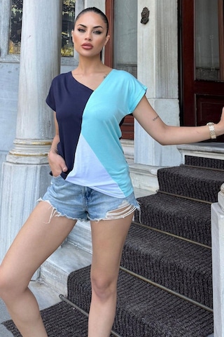 Kadın Lacı Mint Kısa Kol, Color Block Tasarım, Salaş Bluz, Tshirt Lacivert