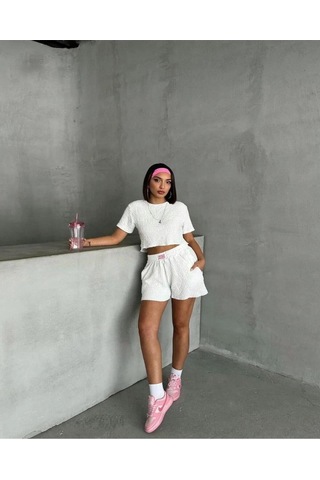 Rahat Fit Dokulu Şortlu Takım Pembe