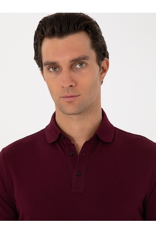 Bordo Slim Fit Polo Yaka Pamuklu Basic T-shirt Kirmizi