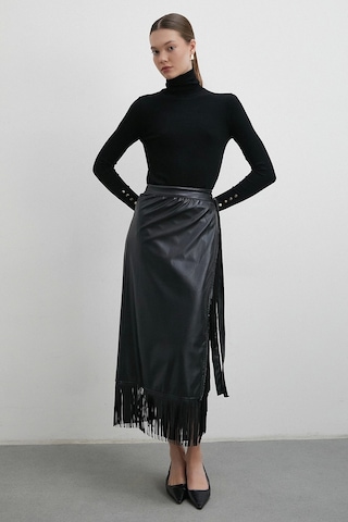 Bağlamalı Püsküllü Deri Etek Siyah Siyah