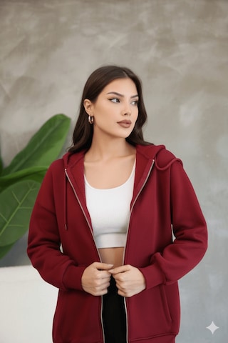 Kadın Genç Unisex Cepli Kapüşonlu Fermuarlı Sweatshirt Hırka Bordo