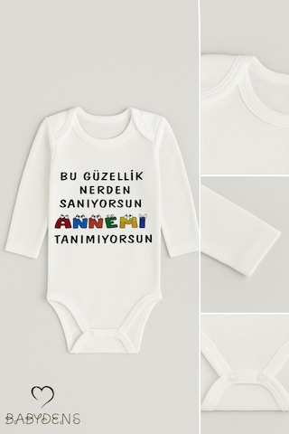 Babyden's Bu Güzellik Nereden Sanıyorsun, Annemi Tanımıyorsun Yazılı Uzun Kollu Bebek Body Çıtçıtlı Zıbın Beyaz