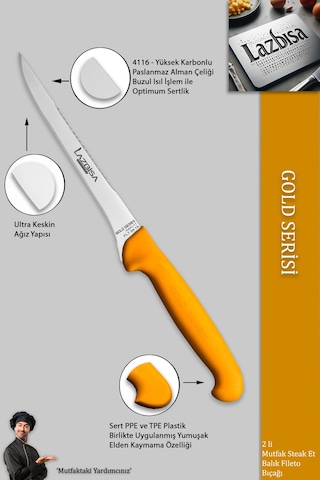 Lazbisa Mft-015 Gold Serisi Mutfak Fileto Bıçağı Steak Bıçak Et Balık Tavuk Fileto Bıçağı 2 Li Set Sarı
