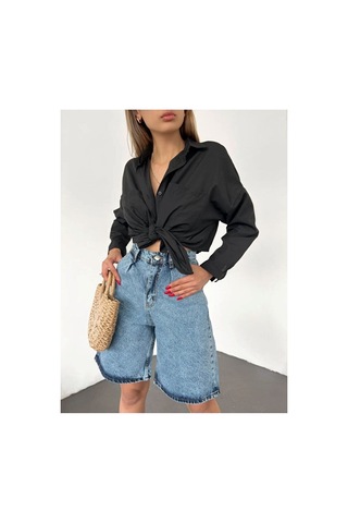 Nido Moda Kadın Yüksek Bel Geniş Paça Denim Şort Mavi