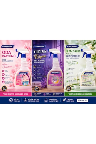 Powermax Oda Parfümü 3'lü Set 600 Ml X 3 Sprey Oda Kokusu Çiçek Tazeliği - Yıldızın Rüyası - Beyaz Sabun Kokulu Toplam 1800 Ml Diğer