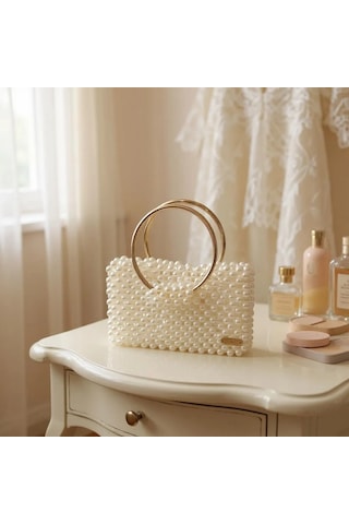 Plentiful İnci Boncuk Çanta, Abiye , Gece , Düğün, Gelin,nişan Çantası Krem