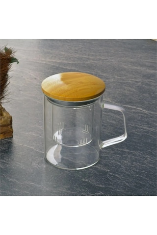 Bambu Kapaklı Borosilikat Cam Süzgeçli Cam Kupa 350 ml Uzun (THN76308)