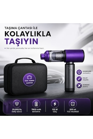 20.000 Pa Kablosuz Araç Süpürgesi 120w Güçlü Emiş 7800 Mah Şarjlı El Süpürgesi 8 Başlıklı Hepa Filtreli Mini Vakum Mor