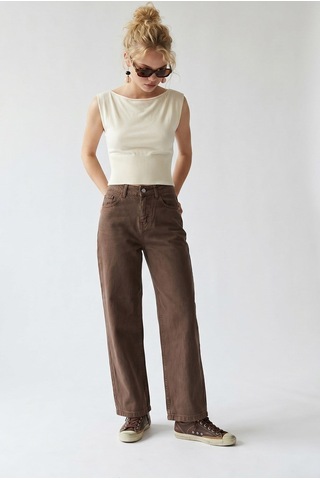 Mixray 2128 Kadın İnce Mevsimlik Yüksek Bel Wide Leg Denim Pantolon Kahve