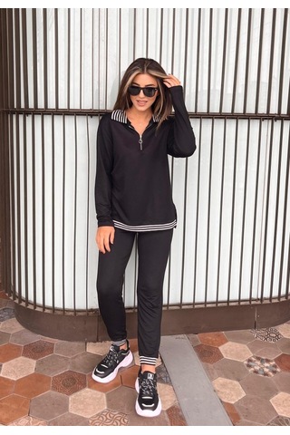 Simala Kadın Uzun Kollu Ribana Ve Fermuar Detay Bluz Ve Yüksel Bel Pantolon 2li Takım Siyah
