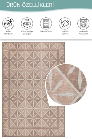 Artloop Nora Pudra Geometrik Desenli Dokuma Tabanlı Modern Şönil Halı Al 505 Bej