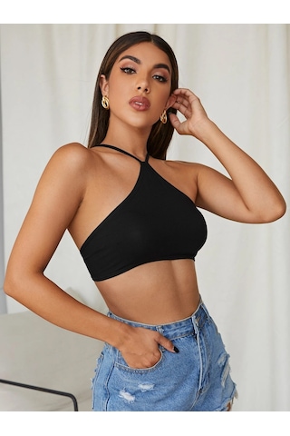 Liona Kadın Siyah Renk Sırtı Açık Bağcıklı Sütyen Stil Super Crop Halter Bluz 001