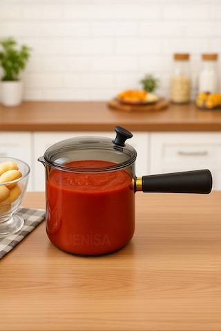 Çok Amaçlı Isıya Dayanıklı Cam Cezve & Sosluk 550 Ml - Ahşap Saplı Modern Tasarım Kahverengi