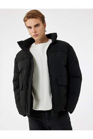 Koton Uzun Kollu Kapaklı Cep Detaylı Fermuarlı Slim Fit Dik Yaka Kışlık Şişme Mont Siyah 6wam20125hw Siyah