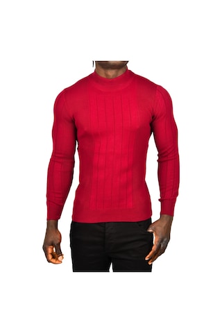 Deepsea Erkek Bordo Yarım Balıkçı Yaka Çizgili Tüylenmeyen Slim Fit Triko Kazak 2505491 Bordo