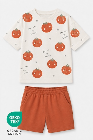 Luppinos Pamuk Baskılı Bisiklet Yaka Çift Cepli Bebek - Çocuk Tshirt Şort Set Kiremit - Beyaz