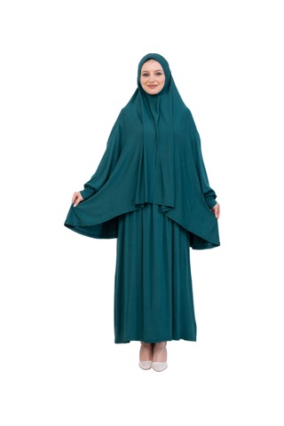 Modish Group İki Parça Namaz Elbisesi Uzun Pamuklu Tesettür Giyim Abaya & Başörtüsü Set Zümrüt