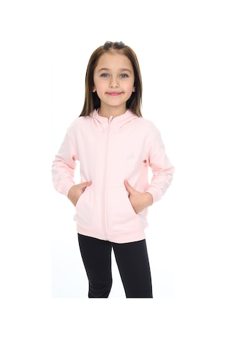 Toontoy Kız Çocuk Kapüşonlu Fermuarlı Cepli Düşük Omuz Nakış Baskılı Örme Hırka - 2 İplik Pudra